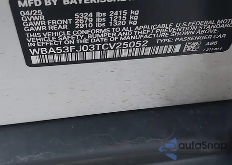 2026 BMW 530I xDrive from USA, damaged, VIN WBA53FJ03TCV25052